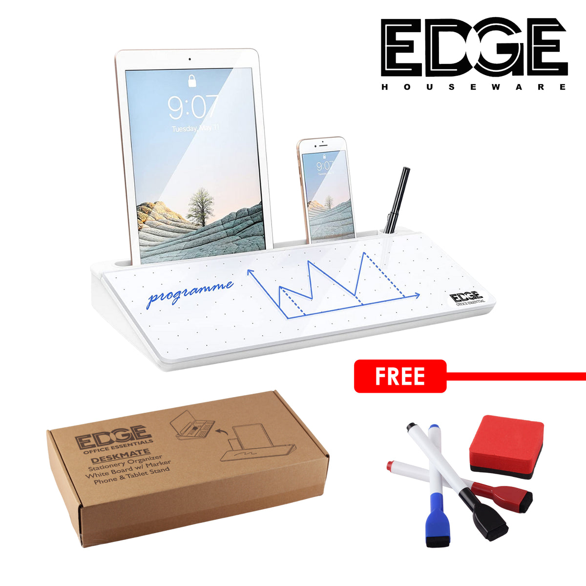 Edge Office Essentials Glass Whiteboard Pad Desktop Desk Board Organizer  with Storage and iPad/Phone Holder