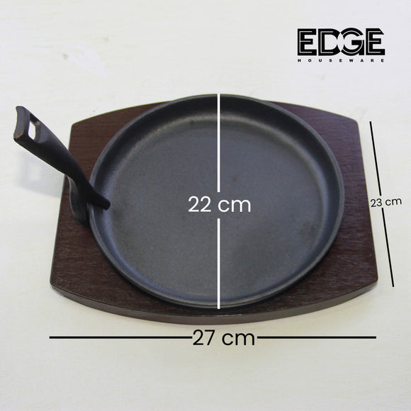 22cm Cast Iron Round Sizzling Plate with Detachable Handle And Wooden Base