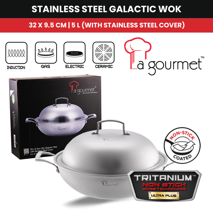 La gourmet 32 x 9.5cm Galactic Honeycomb Wok with Stainless Steel Cover with Induction