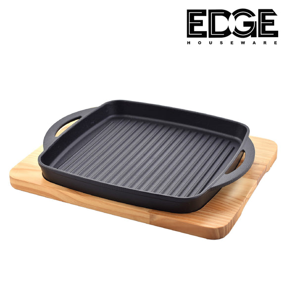 Sizzling Plate Square 26x26cm - Cast Iron Steak Plate Sizzle Griddle with Wooden Base Steak Pan Grill