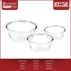 Set of 3 Glass Round  Transparent Mixing bowl, Serving bowl 500mL-750mL-1000mL , Clear Glass, Transparent, Microwave Safe, Dishwasher Safe