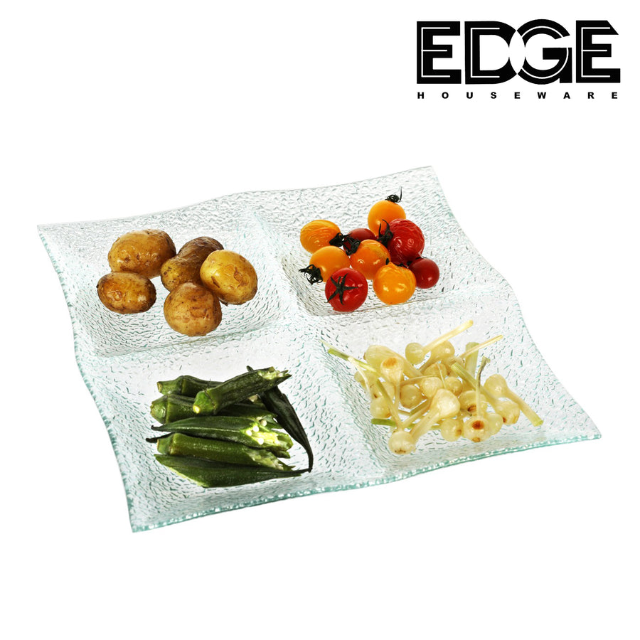 Edge Glass Appetizer Platter with 4 Compartment, Square-shaped Candy and Nut Serving Tray