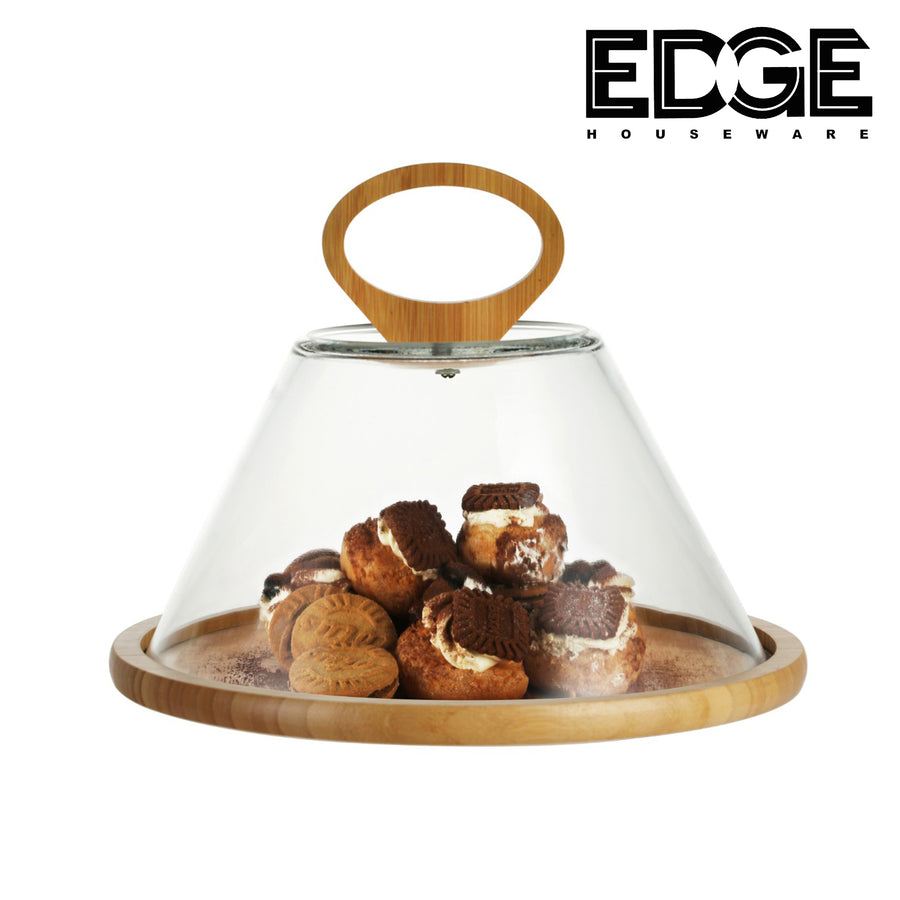Edge Cake Stand with Glass Dome –  Serving Tray with Glass Dome - Premium Natural  Wood- Display