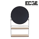Black Bathroom Mirror with 2 layers wooden Shelves, Large Accent Wall Mirror for Decor, Round Decorative Mirror with Metal Iron Frame for Foyer