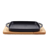 Sizzling Plate Square 26x26cm - Cast Iron Steak Plate Sizzle Griddle with Wooden Base Steak Pan Grill