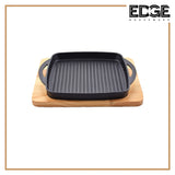 Sizzling Plate Square 26x26cm - Cast Iron Steak Plate Sizzle Griddle with Wooden Base Steak Pan Grill