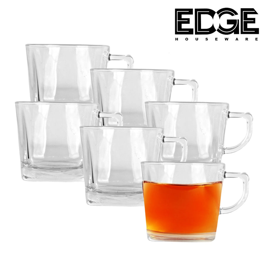 Edge Glass Coffee Mugs Set of 6, 200ML Wide Mouth Mocha Hot Beverage Mugs, Clear Espresso Cups with Handle