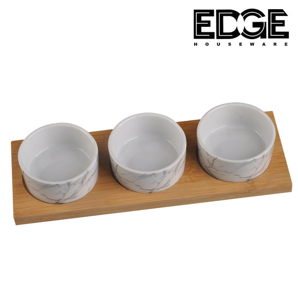 Adorable Marble Finish Condiment  Dip Sauce Bowls-Condiment Set of 3 Pieces with bamboo tray ceramic bowl, bamboo tray 3 oz